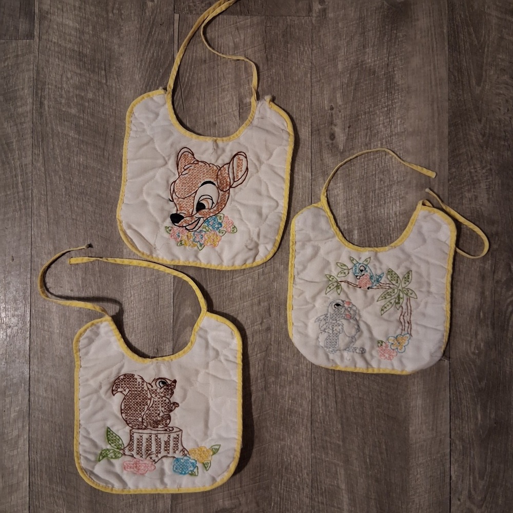 Vtg Disney Embroidered Cross-stitch Baby Bibs-Bambi Thumper Squirrel Lot Of‎ 3